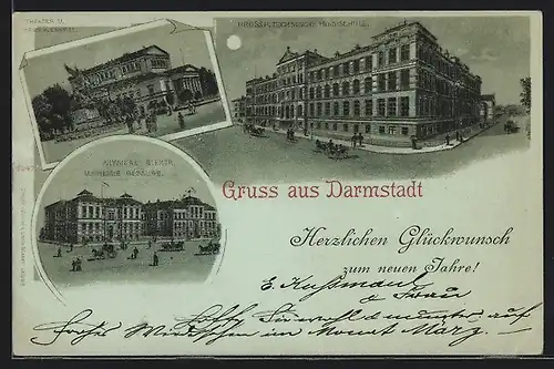 Lithographie Darmstadt, Grossherz. Technische Hochschule, Theater und Physikal.-Elekt. u. Chemie-Gebäude