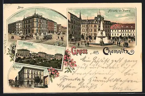 Lithographie Chemnitz, Der Schlachthof, Strassenbahn vor der Börse