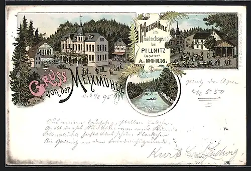 Vorläufer-Lithographie Dresden-Pillnitz, 1895, Gasthaus Meixmühle im Friedrichsgrund, Garten, Gondelteich