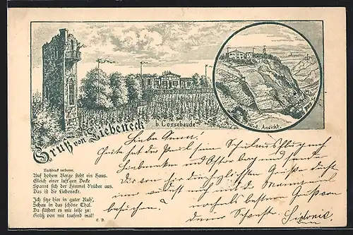 Vorläufer-Lithographie Liebeneck b. Cossebaude, 1895, Ortspartie, Westliche Ansicht