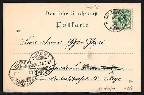 Vorläufer-Lithographie Liebeneck b. Cossebaude, 1895, Ortspartie, Westliche Ansicht