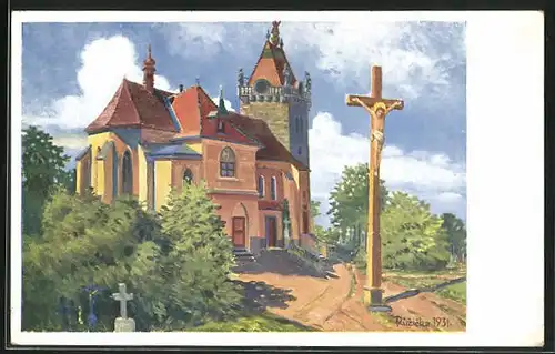 Künstler-AK Budisov, Jesuskreuz vor Kirche