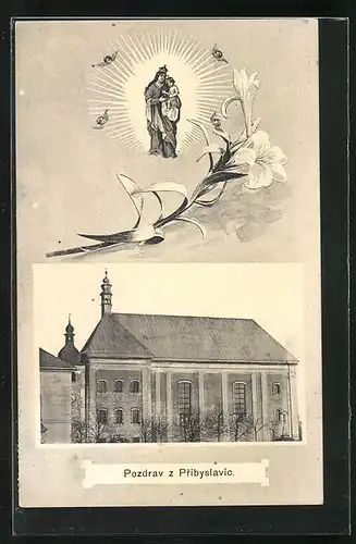 Passepartout-AK Pribyslavice, Kirche und Gnadenbild