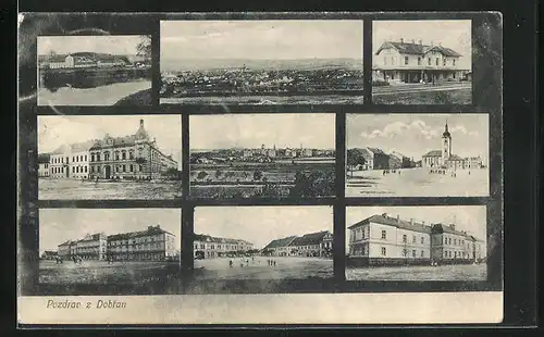 AK Dobrany, Gesamtansicht, Schule, Kirche, Postamt, Marktplatz