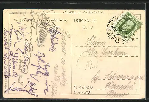 Künstler-AK Ujezd, Sokolovna, Gebäudeansicht