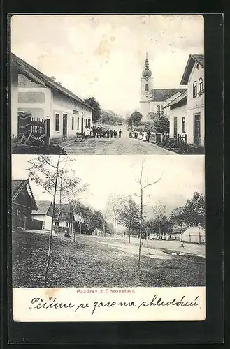 AK Chruoustov, Strassenpartie mit Kirche, Ortspartie