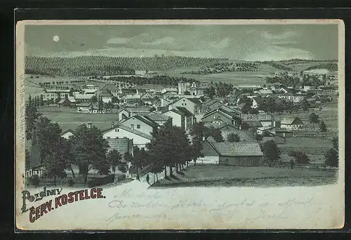 Mondschein-Lithographie Cerv. Kostelec, Panoramablick auf das Dorf