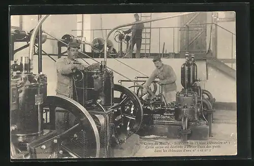 AK Camp de Mailly, Intérieur de l`Usine élévatoire no I, Cette usine est destinée à élever l`eau des puits...