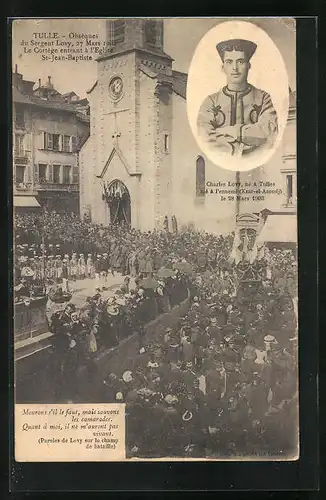 AK Tulle, Obsèques du Sergent Lovy 1904, Le Cortège entrant à l`Eglise St-Jean-Baptiste, Charles Lovy