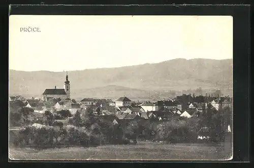 AK Prcice, Kirche mit Ortsansicht