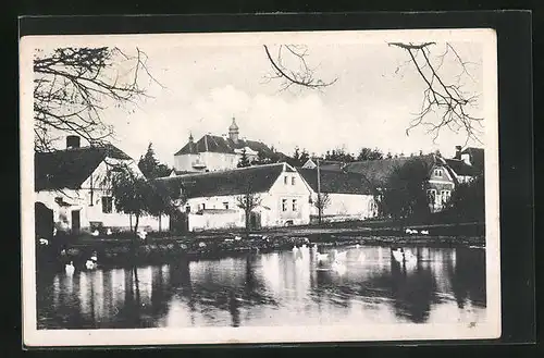AK Zaluzany, Häuser am Teichufer