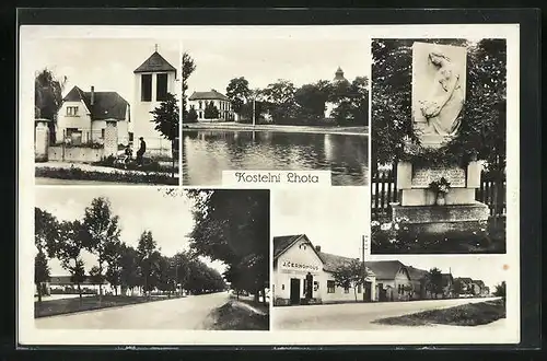 AK Kostelní Lhota, Blick in eine Strasse, Uferpartie mit Blick über den See zur Kirche, Denkmal