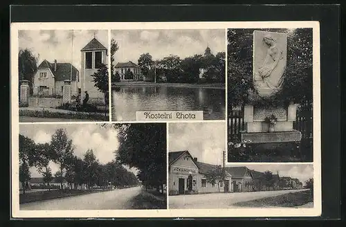 AK Kostelní Lhota, Uferpartie mit Blick über den See zur Kirche, Blick in eine Strasse, Denkmal