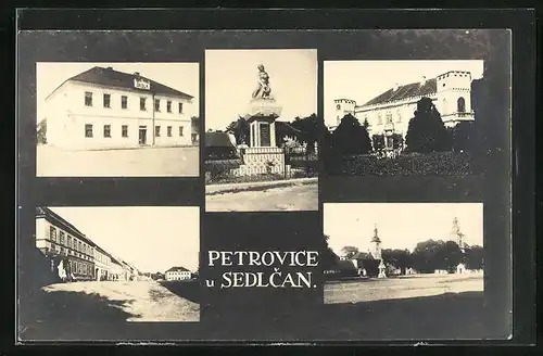 AK Petrovice u Sedlcan, Gartenpartie mit Blick zum Schloss im Sonnenschein, Schule, Denkmal