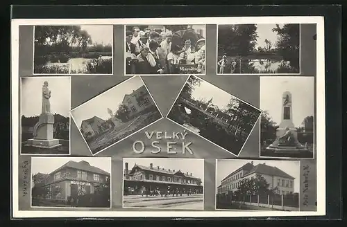 AK Velky Osek, Mineralka, Ehrenmal, Bahnhof, am Teich, Schule