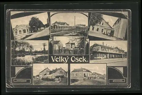 AK Velky Osek, am Bahnhof, am Ufer, Rathaus, Schule