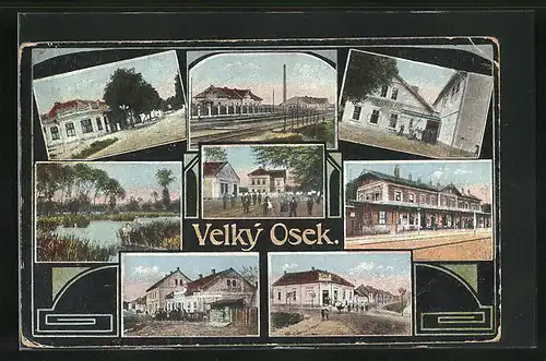 AK Velky Osek, am Bahnhof, am Gasthaus, Partie am Ufer, das Rathaus