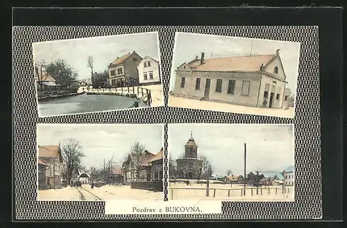 AK Bukovno, Marktplatz mit Kirche, Blick in eine Strasse mit Gebäudeansicht, Schule