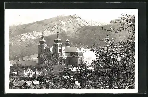 AK Haindorf / Hejnice, Blick auf die Kirche im Schnee