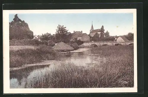 AK Aubigny-en-Plaine, Le Pont et le bateau-lavoir sur la Vouge