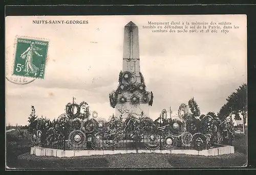 AK Nuits-Saint-Georges, Monument élevé à la mémoire des soldats tombés dans les combats des 20-30 nov. et 18 déc. 1870