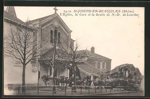 AK St-Joseph-en-Beaujolais, L`Eglise, la Cure et la Grotte de N.-D. de Lourdes