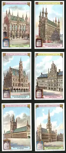 6 Sammelbilder Liebig, Serie Nr.: 1170, Hotel, Louvain, Oudenaarde, Antwerpen, Ypern, Brügge, Brüssel