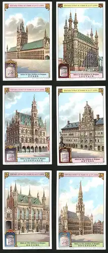 6 Sammelbilder Liebig, Serie Nr.: 1170, Hotel, Louvain, Oudenaarde, Antwerpen, Ypern, Brügge, Brüssel