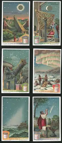 6 Sammelbilder Liebig, Serie Nr.: 1168, Merveilles Lumineuses, Teleskop, Vollmond, Polarlichter, Sternschnuppe, Wölfe