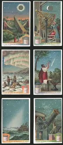 6 Sammelbilder Liebig, Serie Nr.: 1168, Merveilles Lumineuses, Teleskop, Sternschnuppe, Polarlichter, Sonnenfinsternis