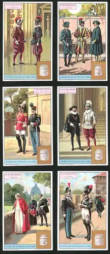 6 Sammelbilder Liebig, Serie Nr.: 1167, Les corps Armés Pontificaux, Papst, Schweizergarde, Soldaten, Langwaffen