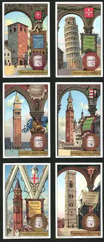 6 Sammelbilder Liebig, Serie Nr.: 1165, Campaniles célébres d`Italie, Pisa, Florenz, Mailand, Triest, Cremona