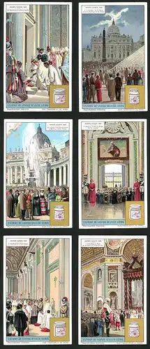 6 Sammelbilder Liebig, Serie Nr.: 1164, Année Sainte 1925, Gottesdienst, Papst, Gotteshaus, Vatikan