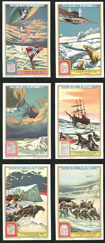 6 Sammelbilder Liebig, Serie Nr.: 1204, La Conquête du Pôle Nord, Eisbär, Flugzeug, Schlittenhunde, Ballon, Robben