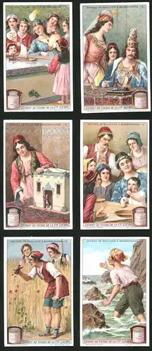 6 Sammelbilder Liebig, Serie Nr.: 1195, Voyage de Gulliver á Brobdingnag, Riese, Puppenhaus, Lilliputaner