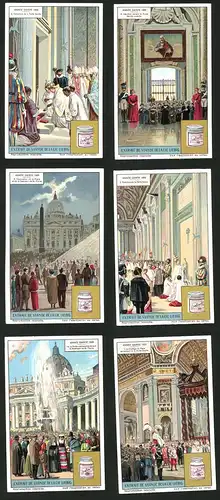 6 Sammelbilder Liebig, Serie Nr.: 1164, Année Sainte 1925, Gotteshaus, Gottesdienst, Papst, Schweizergarde, Gläubige