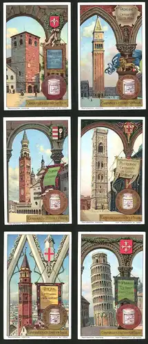 6 Sammelbilder Liebig, Serie Nr.: 1165, Campaniles célébres d`Italie, Pisa, Mailand, Cremona, Florenz, Triste