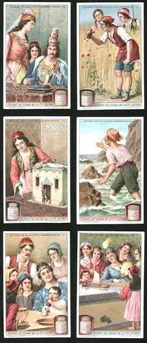 6 Sammelbilder Liebig, Serie Nr.: 1195, Voyage de Gulliver á Brobdingnag, Lilliputaner, Riese, Puppenhaus, König