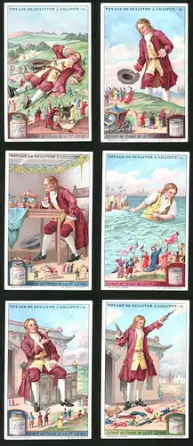 6 Sammelbilder Liebig, Serie Nr.: 1194, Voyage de Gulliver á Lilliput, Pistolen, Riese, Lilliputaner, Pferd