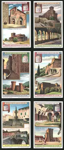 6 Sammelbilder Liebig, Serie Nr.: 1184, Trésors Architecturaux du Latium, Kirche, Burg, Kathedrale, Schloss, Brunnen