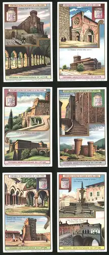 6 Sammelbilder Liebig, Serie Nr.: 1184, Trésors Architecturaux du Latium, Brunnen, Schloss, Kirche, Burg, Kathedrale