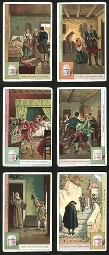 6 Sammelbilder Liebig, Serie Nr.: 1181, Les Fiancés par A. Manzoni, Priester, Räuber, Schwert, Betrüger