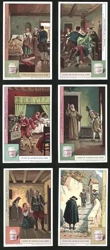 6 Sammelbilder Liebig, Serie Nr.: 1181, Les Fiancés par A. Manzoni, Schwert, Priester, Räuber, Betrüger