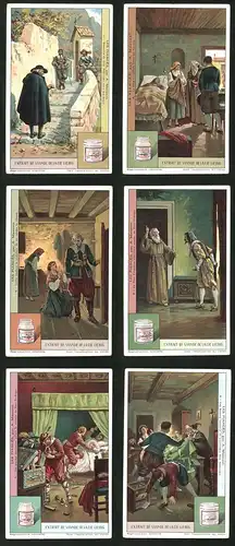 6 Sammelbilder Liebig, Serie Nr.: 1181, Les Fiancés par A. Manzoni, Priester, Räuber, Schwert
