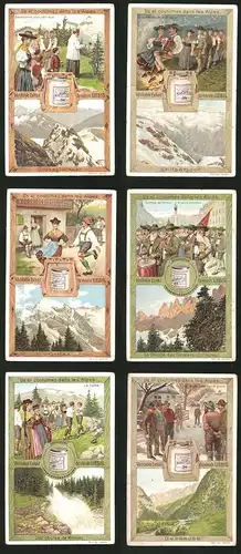 6 Sammelbilder Liebig, Serie Nr.: 915, Us et coutumes dans les Alpes, Tracht, Alpen, Schnee, Tanzen