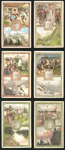 6 Sammelbilder Liebig, Serie Nr.: 915, Us et coutmues dans les Alpes, Tanzen, Alpen, Tracht, Grossglockner