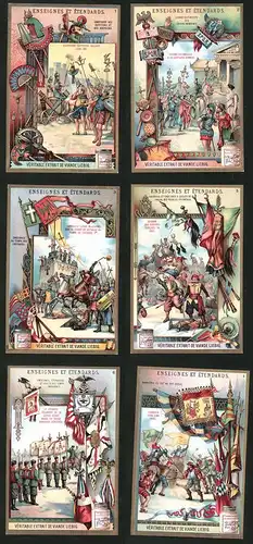 6 Sammelbilder Liebig, Serie Nr.: 873, Enseignes et Étendards, Soldaten, Kamel, Pferd, Langwaffen, Streitwagen