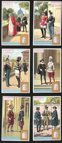 6 Sammelbilder Liebig, Serie Nr.: 1167, Les corps Armés Pontificaux, Soldaten, Schweizergarde, Langwaffen, Papst