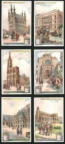 6 Sammelbilder Liebig, Serie Nr.: 1051, Monuments Gothiques, Kapelle, Kathedrale, Hotel, Kirche, Justizpalast