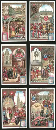 6 Sammelbilder Liebig, Serie Nr.: 804, Anvers au moyen âge, Ritter, König, Kathedrale, Leibwächter, Langwaffen